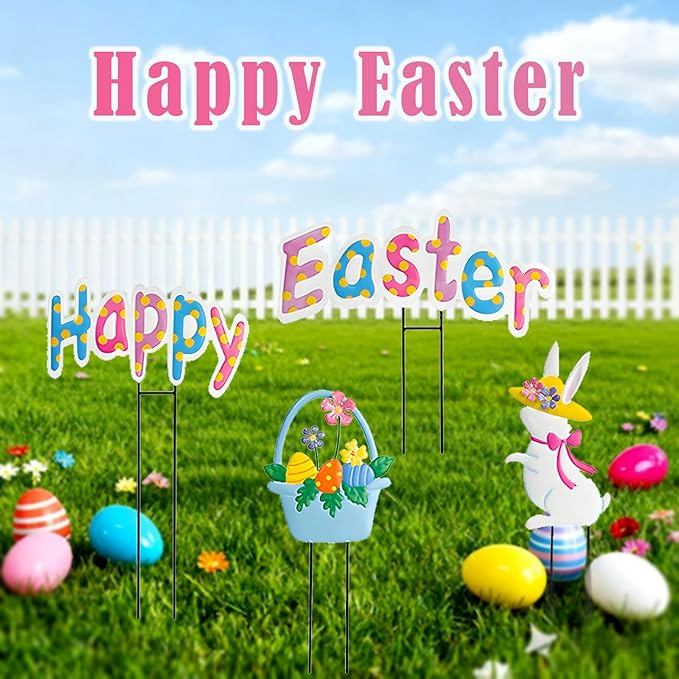 Easter decor Garden Stakes Set of 4,Easter decorations outdoor,Easter outdoor decorations yard,Metal easter yard decorations outdoor,Easter outdoor decorations, Easter Rabbit & Egg Yard Signs.