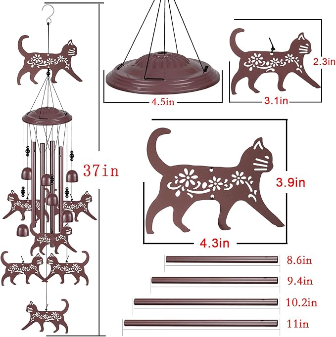 Coffee Color Cat Wind Chimes - Gifts for Mom, Home, Garden, Balconies, Rooms, Patio, Indoor, Outdoor Decoration - Memorial Chimes, Wind Catcher, Outside Bells Decor
