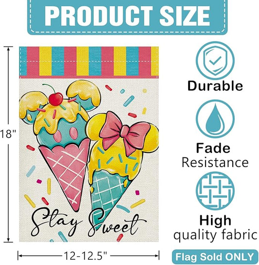 Summer Ice Cream Decorative Garden Flag, Stay Sweet Dessert Sprinkles Burlap Yard Home Decoration, Cute Pink Bow Small Outside Outdoor Decor Double Sided 12 x 18