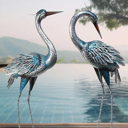 37-40Inch Outdoor Crane Garden Statues, Blue Heron Garden Statues, Large Metal Cranes for Yard, Lawn, Patio, Pond, Set of 2
