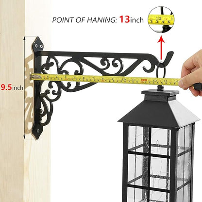 14in Hanging Plant Bracket Outdoor Decorative Iron Plant Lantern Birdfeeder Wall Hanger Hook for Hanging Metal Sign Fruit Basket Windchime, Black