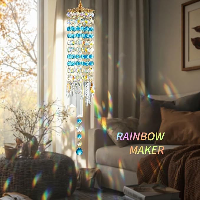 Crystal Wind Chimes for Outside with Rainbow Light Reflections Glass Bells and Rose Gold Alloy Hooks Indoor Outdoor Decor for Home Garden Patio Porch Birthday House Warming (Sky Blue)