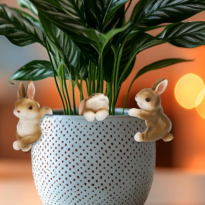 Set of 3 Cute Bunny Figurines Hanging Animal Statue, Climbing Statue and Vase Miniature Fairy Garden Terrarium Decor, Art Patio Lawn Yard Outdoor Fence Rabbit Hanger Animal Ornament