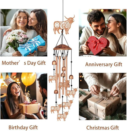 Highland Cow Style Metal Wind Chimes for Outside, Hanging Waterproof Aluminum Windchimes with Hook for Outdoor Garden Patio Porch Decor, 33“ Memorial Wind Chimes Friendship Gifts for Women