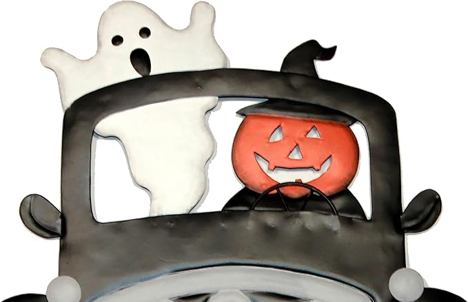 18" Halloween Metal Pumpkin and Ghost on Truck Outdoor Yard Stake