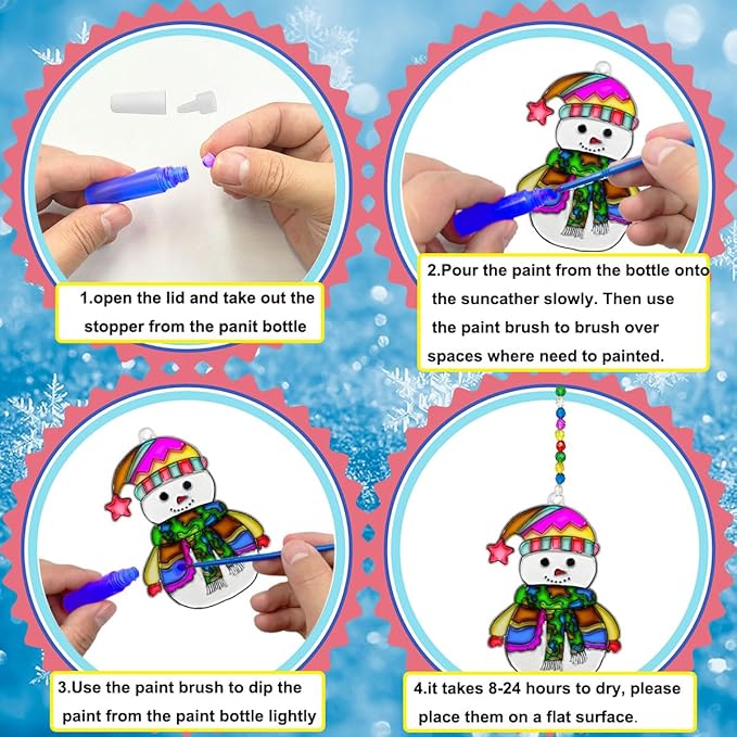 AUEKIV Suncatchers Kit 30sets Snowflake Sun Catcher DIY Window Paint Art Craft Kits Christmas Snowman Snowflake Suncatchers Ornaments for Xmas Decoration Winter Home Outdoor Party Activity