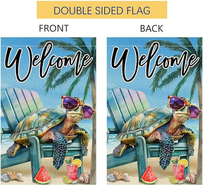 BLKWHT Summer Beach Sea Turtle Garden Flag 12x18 Vertical Double Sided Blue Welcome Ocean Holiday Outside Decorations Burlap Yard Flag BW814