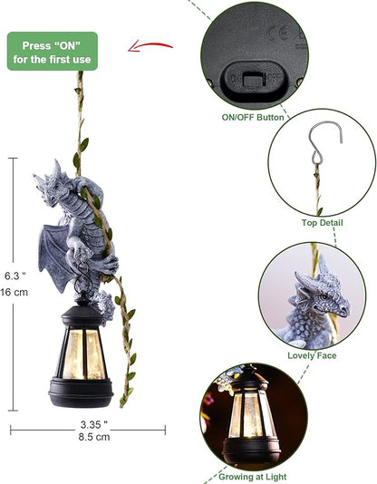 Dragon Outdoor Statue with Lantern: 23.6" Mythical Guardian Figurine & Vine Tree Yard Art, Porch Patio Lawn Decor, Whimsical Outdoor Gift for Mom Children