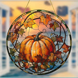 Halloween Suncatcher for Window Hanging Pumpkin Maple Leaves Designs Fall Acrylic Sun Catchers Horror Round Ornament Glass Decoration for Thanksgiving Garden Home Party Supplies 7.87inch