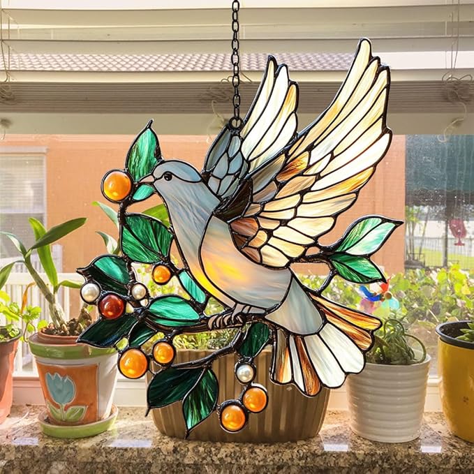 Peace Lover Dove Acrylic Suncatcher Stained Glass Effect Window Car Hanging Christmas Ornament Indoor Outdoor Decor Garden Sun Catcher Panel for Acrylic Suncatcher Lover for Women Mom Grandma