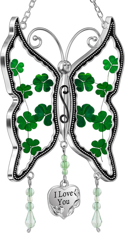 KY&BOSAM Shamrock Butterfly Suncatcher I Love You Irish Stained Glass for Windows Hangings Ornament for Wind Chiem Real Flower Wings Gift fo Women St Patrick's Day Mothers Day Valentine's Home Decor