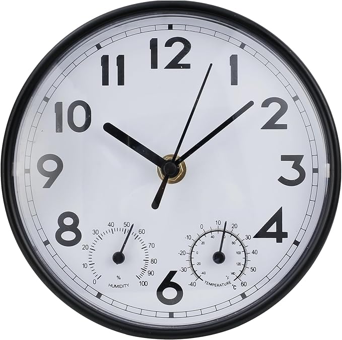 Indoor Outdoor Clocks Waterproof, Decorative Wall Clocks with Temperature and Humidity, Non Ticking Round Wall Clock Battery Operated for Patio Garden Home