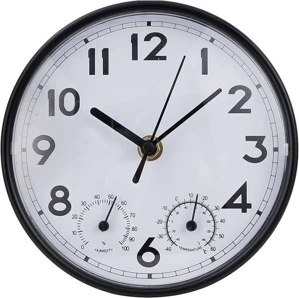 Indoor Outdoor Clocks Waterproof, Decorative Wall Clocks with Temperature and Humidity, Non Ticking Round Wall Clock Battery Operated for Patio Garden Home