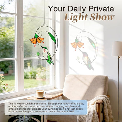 Handmade Tiffany Copper Foil Stained Glass Hummingbird Suncatcher – Colorful Window Hanging Ornament with Flowers, Gift for Grandma, Women, Bird Lovers, Home Decor