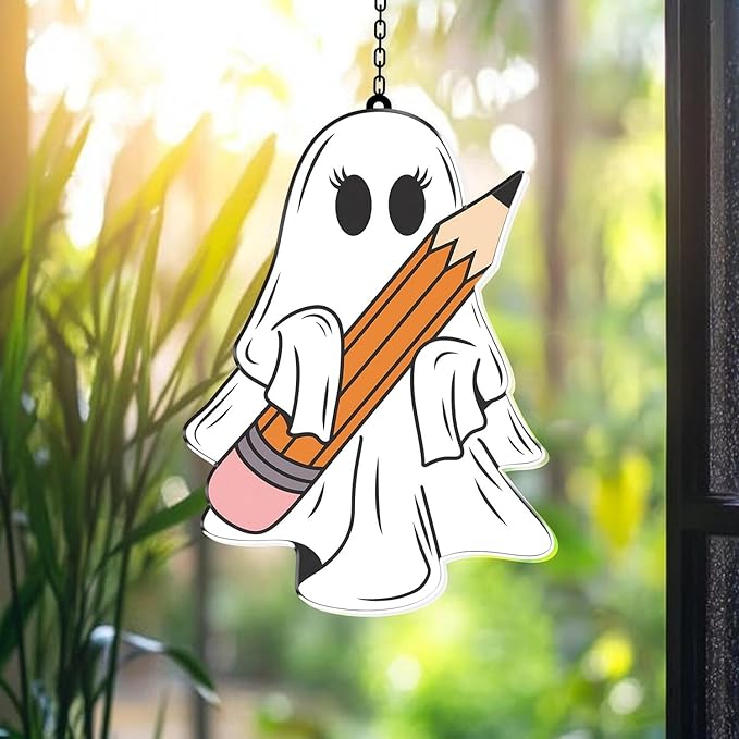 7.87Inch Cute Pencil Ghost Sun Catcher Acrylic Garden Halloween Suncatcher Decor Window Hanging for Wall Home, Garden, Housewarming Women Neighbor Party Decor Gifts
