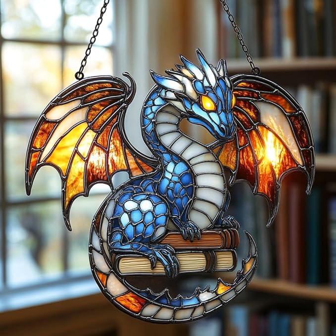 Elder Mythical Dragon Acrylic Suncatcher Stained Glass Effect Window Car Hanging Christmas Ornament Indoor Outdoor Decor Garden Sun Catcher Panel for Dragon Lover for Women Mom Grandma