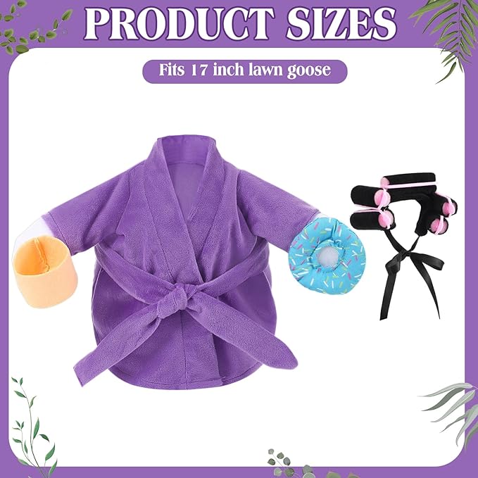 Shyyween Lady Porch Goose Outfit for 17'' Cement Plastic Lawn Goose Statue Clothes Purple Bathrobe Coffee Cup Curlers for Outdoor Garden Yard Patio Decoration