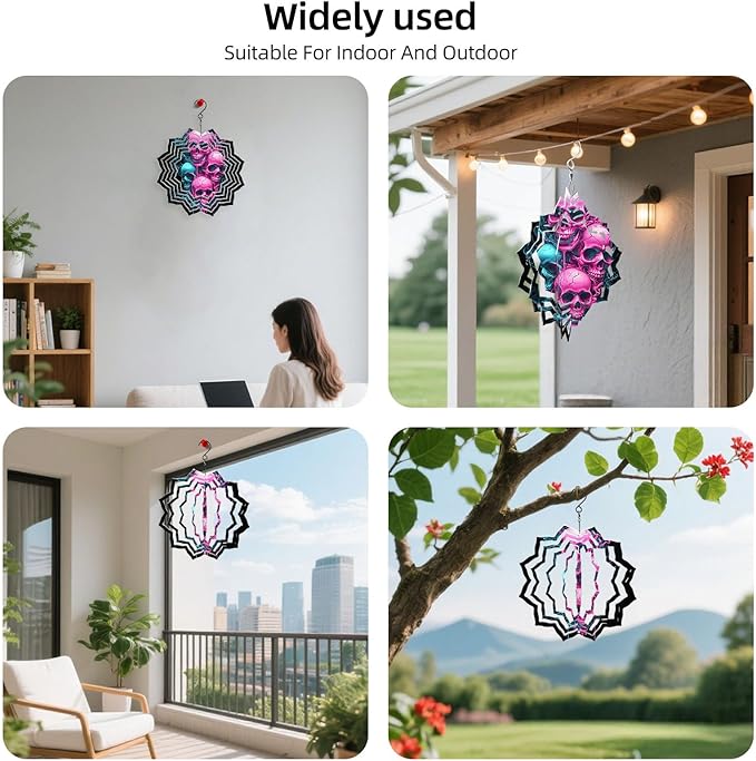 8 Inch Sublimation Wind Spinner, 3D Aluminum Metal Wind Spinner with Hook, Indoor Yard Garden Hanging Decoration, Weather Resistant Rotating Spiral Ornament, Neon Color Skulls