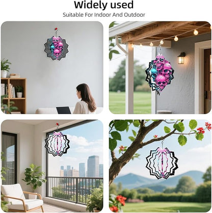 8 Inch Sublimation Wind Spinner, 3D Aluminum Metal Wind Spinner with Hook, Indoor Yard Garden Hanging Decoration, Weather Resistant Rotating Spiral Ornament, Neon Color Skulls