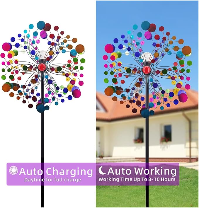 Outdoor Wind Spinner with Garden Stake 88.58" Metal Two-Way Wind Sculptures Solar Color Changing Lights Large Windmills for Garden,Patio,Yard,Lawn Decor Gifts Round