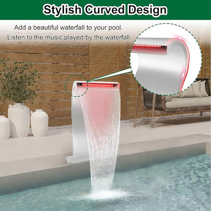 LONGRUN S-Shaped Waterfall Spillway Stainless Steel Swimming Pool Fountain, RF & APP Controled LED Light Outdoor Pond Waterfalls Kit for Garden Patio Swimming Pool Koi Ponds Decoration -20.2" Height