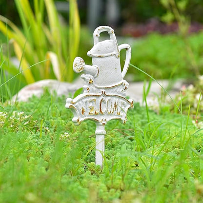 Sungmor Vintage Cast Iron Decorative Garden Stake, Rustic White Welcome Yard Art Sign with Stake, 12.6" Tall Metal Watering Can Stake with Welcome Sign, Lawn Patio Backyard Outdoor Spring Decor