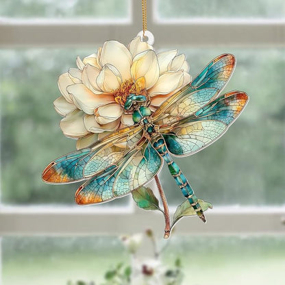 Dragonfly Ornament Stained Glass Style – Acrylic Window Hanging Suncatcher with Flower, Dragonfly Gifts for Women, Christmas Tree Ornament, Whimsical Home & Garden Décor(Sun-21)