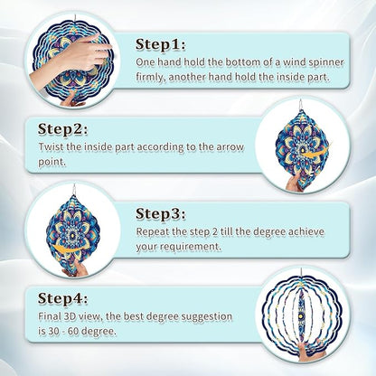Wind Spinners Outdoor, Hanging Wind Spinner for Garden Decoration, 8 inch 3D Stainless Steel Metal Wind Sculpture for Indoor/Outdoor Decor, Mandala E