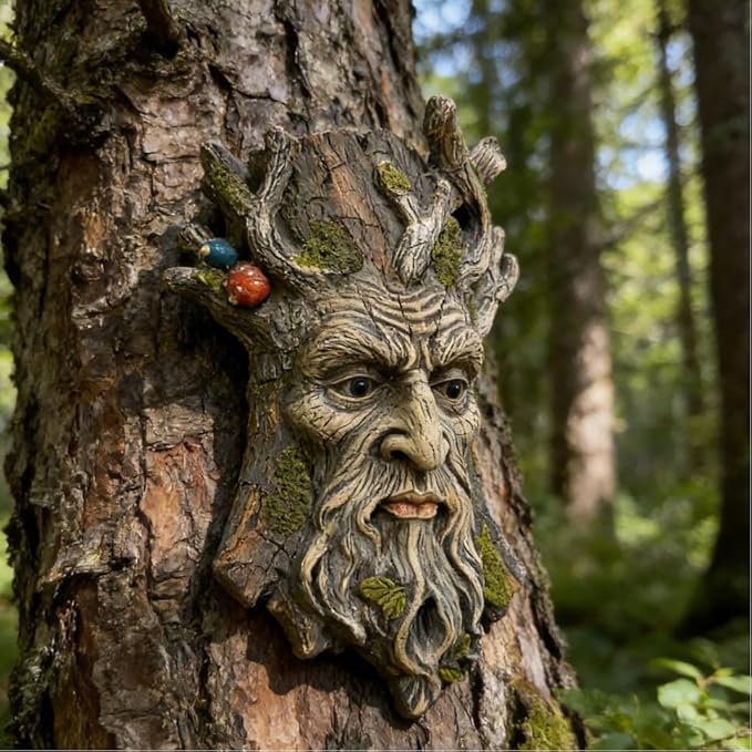 Tree Face Garden Statues Outdoor Decoration Clearance, Whimsical Old Man Tree Faces for Fence Hugger Sculpture, Wallmount Statue Fairy Art with Mushroom, Patio Home Hanging Decor, 6.9" x 2.8" x 9.8"