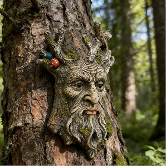 Tree Face Garden Statues Outdoor Decoration Clearance, Whimsical Old Man Tree Faces for Fence Hugger Sculpture, Wallmount Statue Fairy Art with Mushroom, Patio Home Hanging Decor, 6.9" x 2.8" x 9.8"