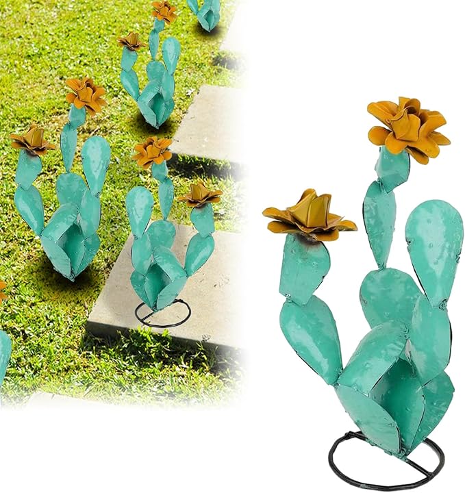 Metal Cactus Outdoor Decor - Metal Cactus Yard Art Iron - Desert Plants Statue for Outdoors - Handmade Cactus Rustic Artificial Cactus Sculpture for Garden Lawn Patio Balcony Backyard Decor (Green)