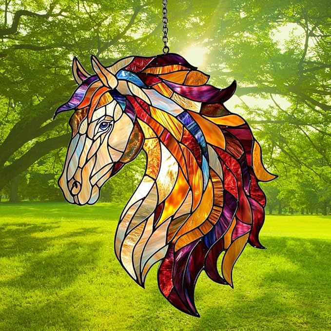 Colorful Horse Exotic Acrylic Suncatcher Stained Glass Effect Window Car Hanging Christmas Ornament Indoor Outdoor Decor Garden Sun Catcher Panel for Horse Lover for Women Mom Grandma