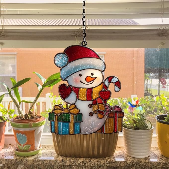 Cute Snowman Acrylic Suncatcher Stained Glass Effect Window Car Hanging Christmas Ornament Indoor Outdoor Decor Garden Sun Catcher Panel for Christmas Lover for Women Mom Grandma
