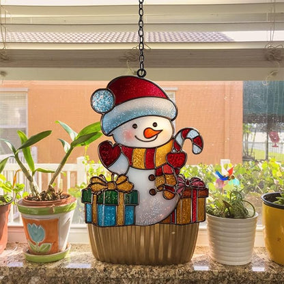 Cute Snowman Acrylic Suncatcher Stained Glass Effect Window Car Hanging Christmas Ornament Indoor Outdoor Decor Garden Sun Catcher Panel for Christmas Lover for Women Mom Grandma