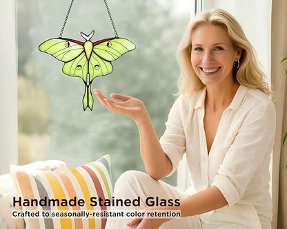 Green Luna Moth Stained Glass Window Hanging - Handmade Real Glass Suncatcher for Women, Mom, Grandma - Elegant Green Butterfly Gifts Box Home Decor (H5.8xW7.3 Inch)