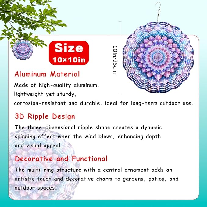 Mandala Flower Wind Chimes 10 x 10 Inch Hanging Garden Decor with Layered Petal and Luminous Pattern Design Aluminum Outdoor Yard Art for Patio Balcony Tree Porch Decoration Gift