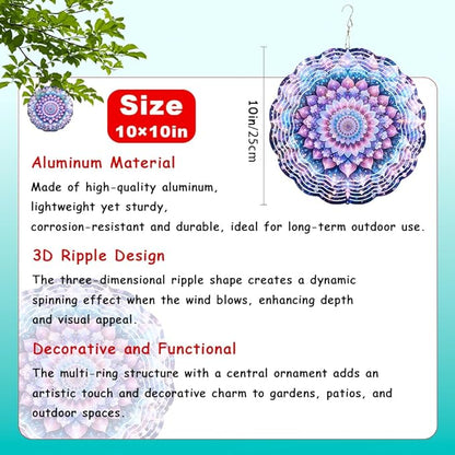 Mandala Flower Wind Chimes 10 x 10 Inch Hanging Garden Decor with Layered Petal and Luminous Pattern Design Aluminum Outdoor Yard Art for Patio Balcony Tree Porch Decoration Gift