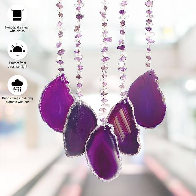 Yoption Amethyst Moon Tree of Life Agate Slice Wind Chime, Handmade Healing Crystal Stone Wind Chime for Home Wall Garden Decorative Ornament, Unique Gift