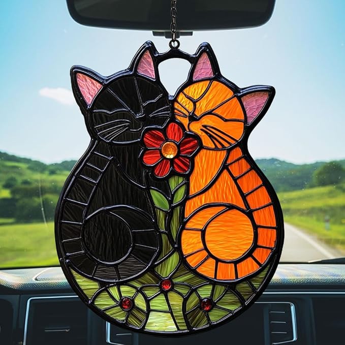 Cute Loving Couple Cats Acrylic Suncatcher Stained Glass Effect Window Car Hanging Christmas Ornament Indoor Outdoor Decor Garden Sun Catcher Panel Gifts for Cat Lover for Women Mom Grandma