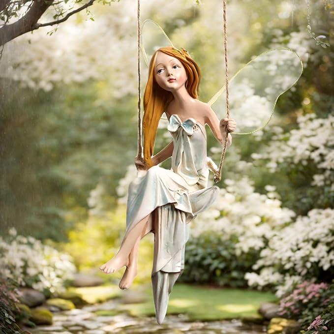 Fairy Garden Swing Fairyland Fantasy Winged Hanging Angel Statue 8In Resin Vivid Decorative Garden Statue for Home Office Yard