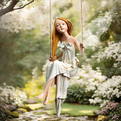 Fairy Garden Swing Fairyland Fantasy Winged Hanging Angel Statue 8In Resin Vivid Decorative Garden Statue for Home Office Yard
