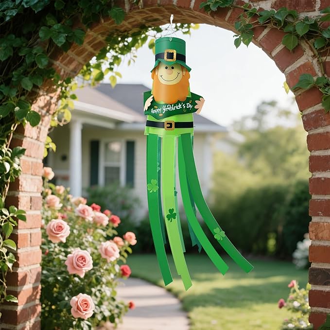 47 Inches St. Patrick's Day Leprechaun Windsock Decoration, Green Hanging Outdoor Windmill Decor with Shamrock Designs, Festive Irish-Themed Wind Sock Ornament for Garden, Patio, and Yard