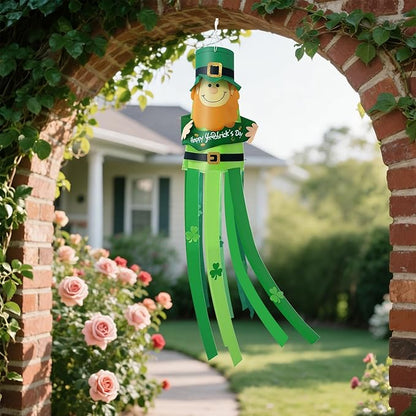 47 Inches St. Patrick's Day Leprechaun Windsock Decoration, Green Hanging Outdoor Windmill Decor with Shamrock Designs, Festive Irish-Themed Wind Sock Ornament for Garden, Patio, and Yard