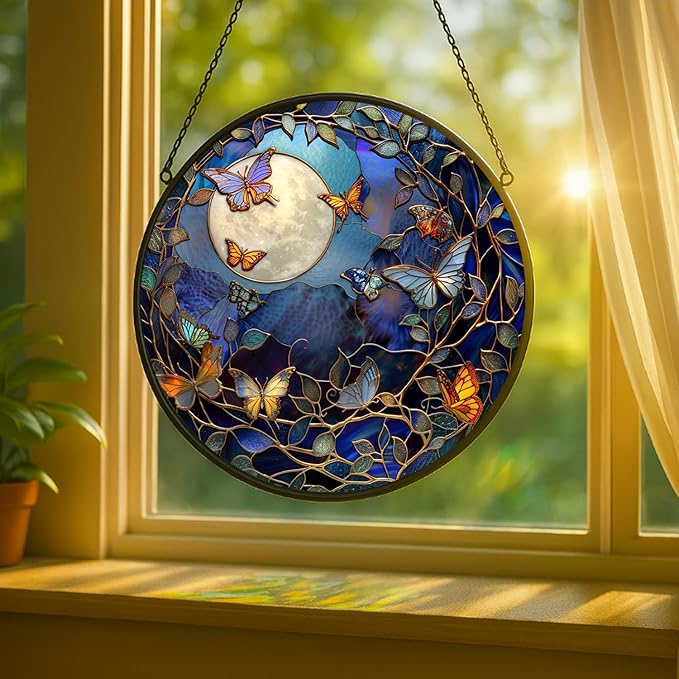 Stained Glass Window Hanging - Bluebird Perched on Branch Artwork 7.8in Sun Catchers Indoor Stained Glass Panels Wall Decor for Mom,Wife,Lovers,Festive