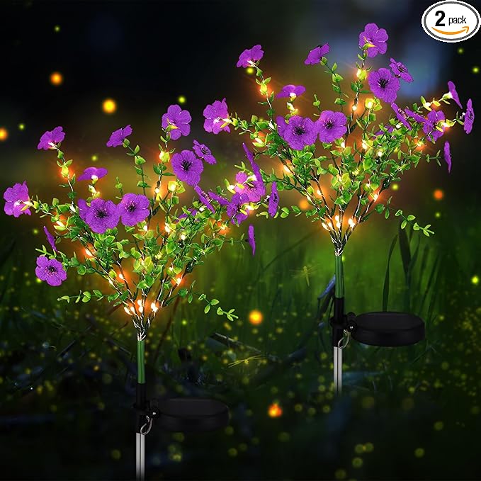 Glooglitter 2 Pack Solar Stake Lights Outdoor Decor Waterproof Mums Artificial Flowers Solar Lights for Outdoor Garden Yard Pathway Decor (Purple,Violet)