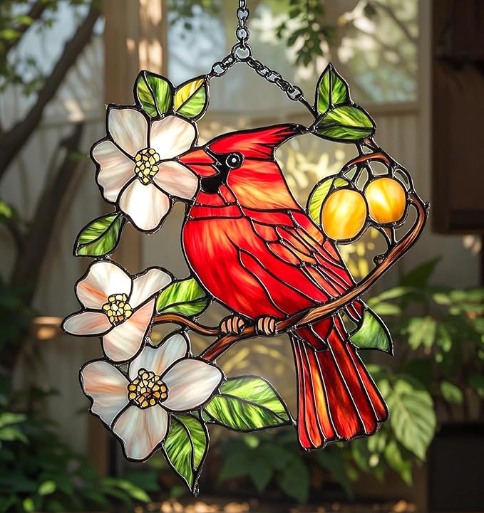 Cardinal Acrylic Suncatcher, Boho Suncatchers for Window Hanging Ornament, Memorial Stained Glass Effect Art Garden Decor for Cardinal Lover, Gifts for Mother's Day, Mom, Grandma, Wife, Women, Nana