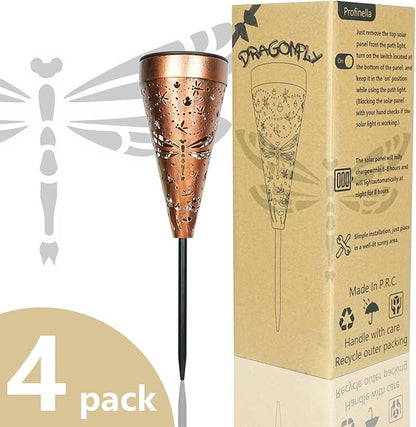 4-Pack Dragonfly Outdoor Decor Solar Pathway Lights, Metal Landscape Lighting for Outside Use: Patio, Yard, Lawn, Backyard, Walkway, Driveway – Gifts for Women, Mother, Grandmother