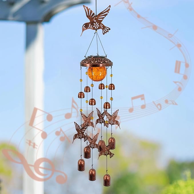 Solar Wind Chimes for Outside, Metal Hummingbird Wind Chimes with Cracked Glass Lights,Hanging Solar Lights for Outside,Yard,Patio,Garden,Porch Decor