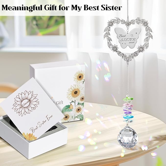 Suncatcher Gift for Sister Birthday, Best Sister Ever Crystal Hanging Ornament, Unique Sun Catcher for Indoor Windows, Heart Shaped Rainbow Maker