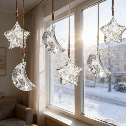 6pcs Clear Crystal Star and Half Moon Prisms Ornaments Faceted Glass Hanging Ornaments for Home Garden Window Wedding Party Decor